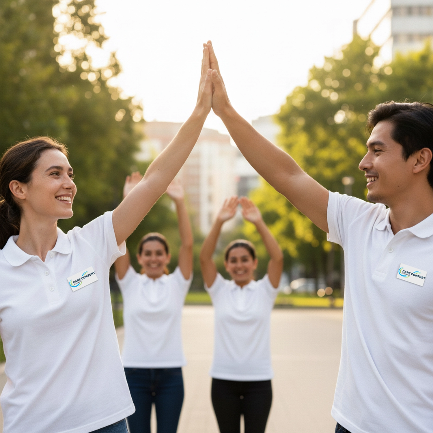 Care Comfor GmbH - Pflegedienst - Mitarbeiter geben sich gegenseitig ein High Five