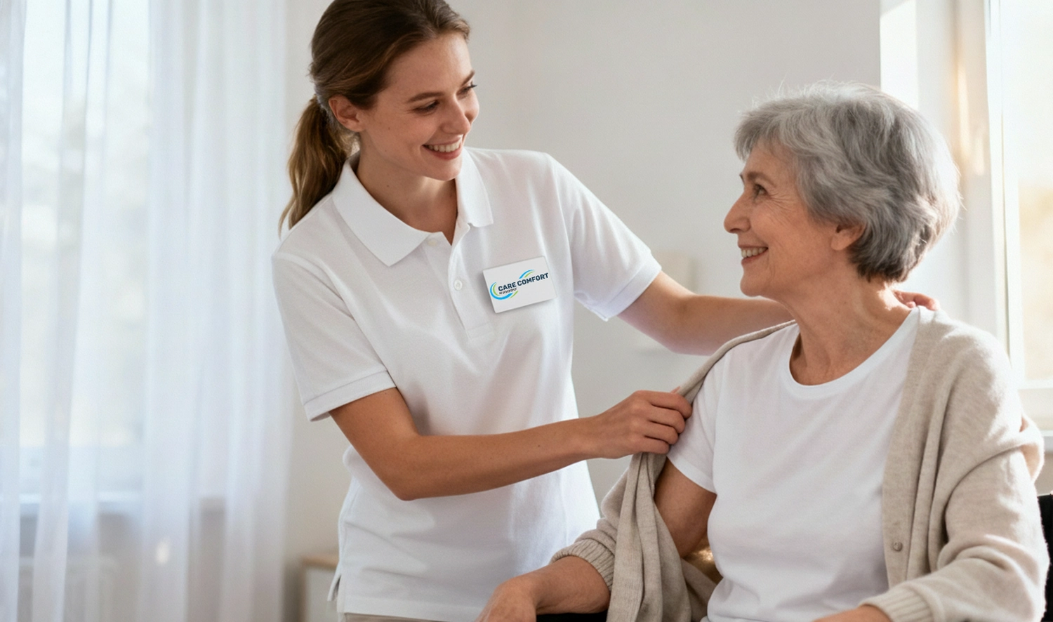 Care Comfor GmbH – Pflegedienst – Pflegekraft betreut eine Frau